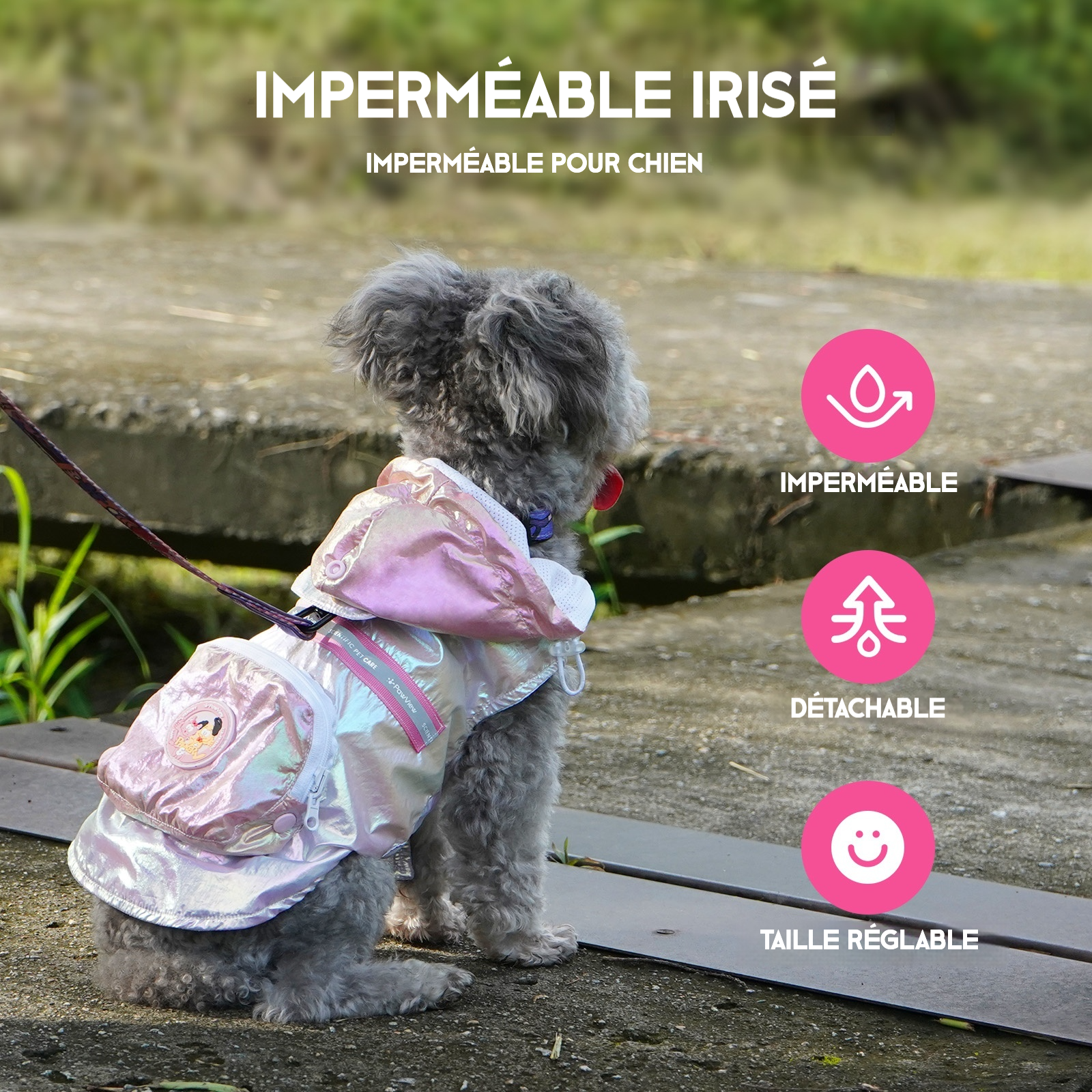 Pawview Imperméable iridescent réfléchissant pour chien, avec capuche réfléchissante, trou pour laisse, sac à dos intégré, design ajustable et pliable, adapté aux chiens de petite à grande taille