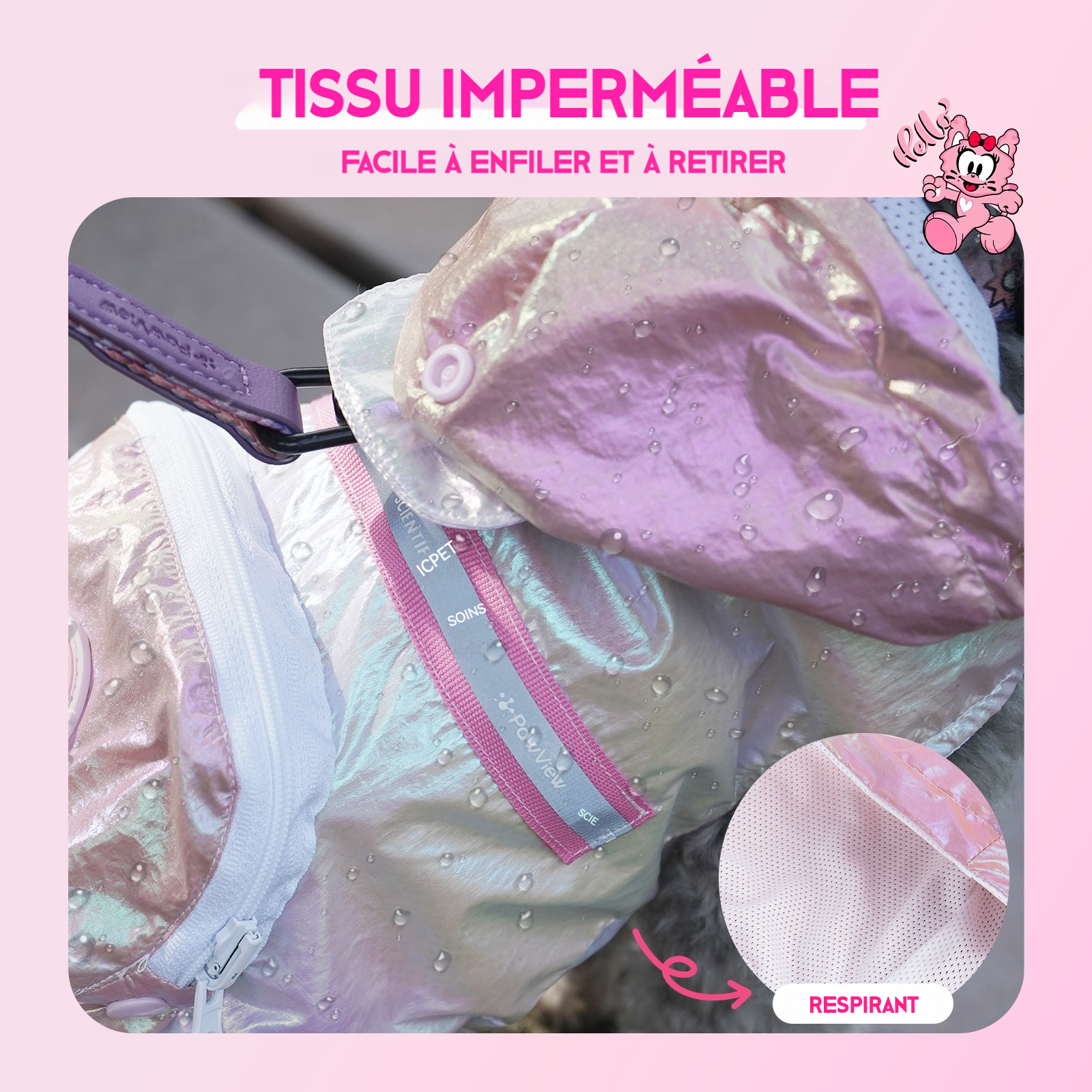 Pawview Imperméable iridescent réfléchissant pour chien, avec capuche réfléchissante, trou pour laisse, sac à dos intégré, design ajustable et pliable, adapté aux chiens de petite à grande taille