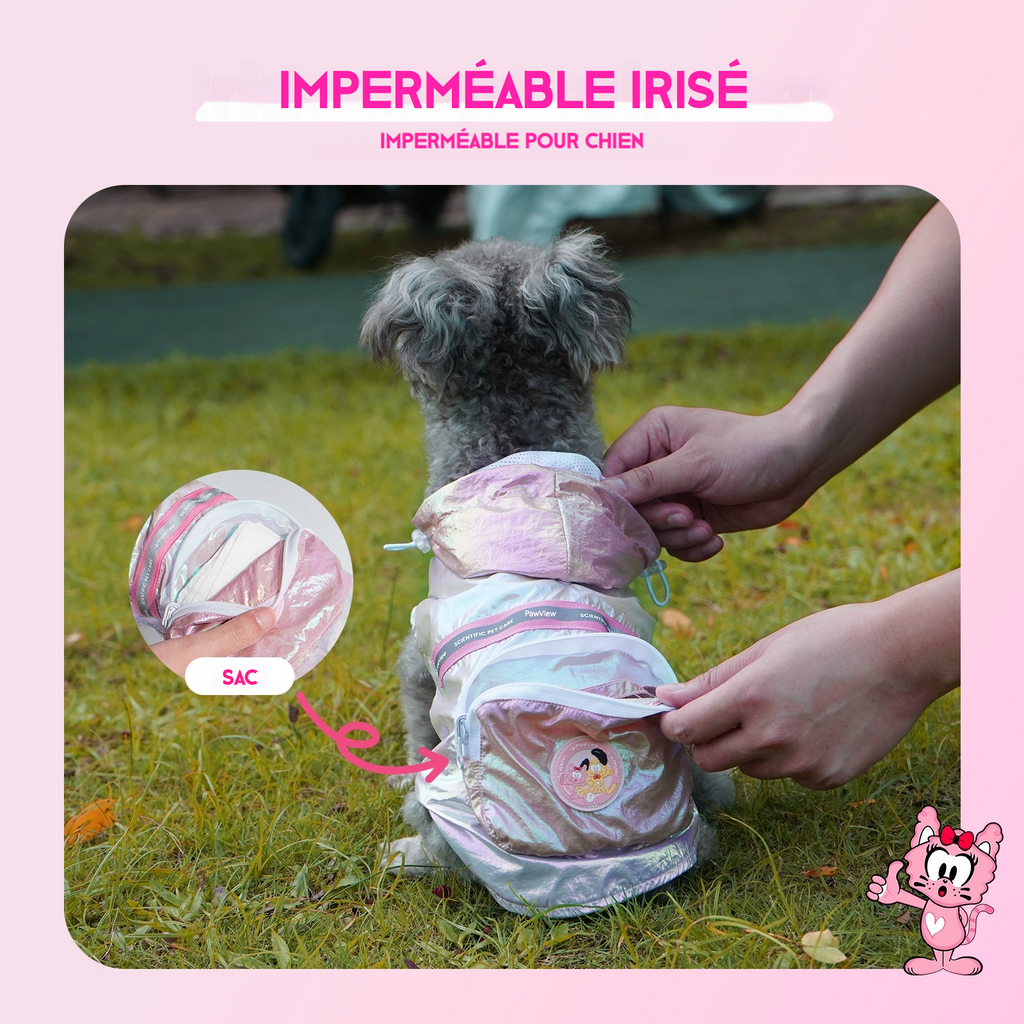 Pawview Imperméable iridescent réfléchissant pour chien, avec capuche réfléchissante, trou pour laisse, sac à dos intégré, design ajustable et pliable, adapté aux chiens de petite à grande taille