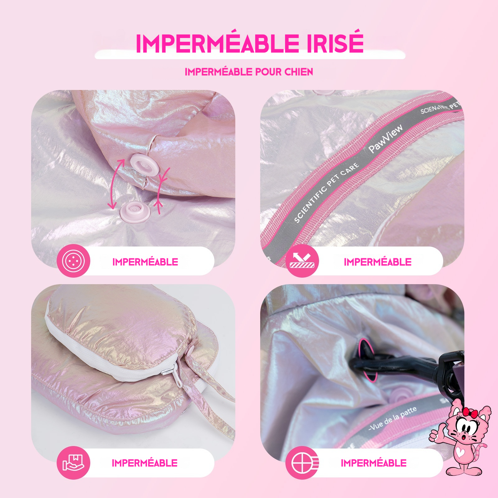 Pawview Imperméable iridescent réfléchissant pour chien, avec capuche réfléchissante, trou pour laisse, sac à dos intégré, design ajustable et pliable, adapté aux chiens de petite à grande taille