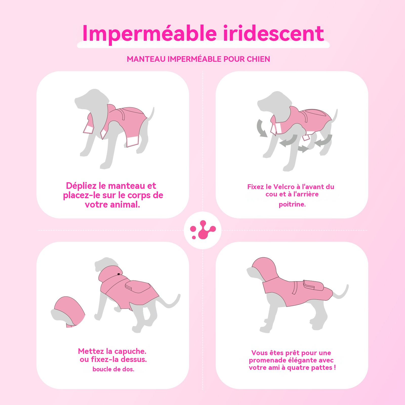 Pawview Imperméable iridescent réfléchissant pour chien, avec capuche réfléchissante, trou pour laisse, sac à dos intégré, design ajustable et pliable, adapté aux chiens de petite à grande taille