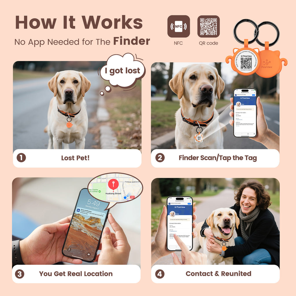 PawView Étiquette d'Identité pour Chien avec QR Code & NFC en Silicone Silencieux Personnalisable pour Animaux de Compagnie Scan QR pour Alertes de Localisation Instantanée et Profil Modifiable du Pet