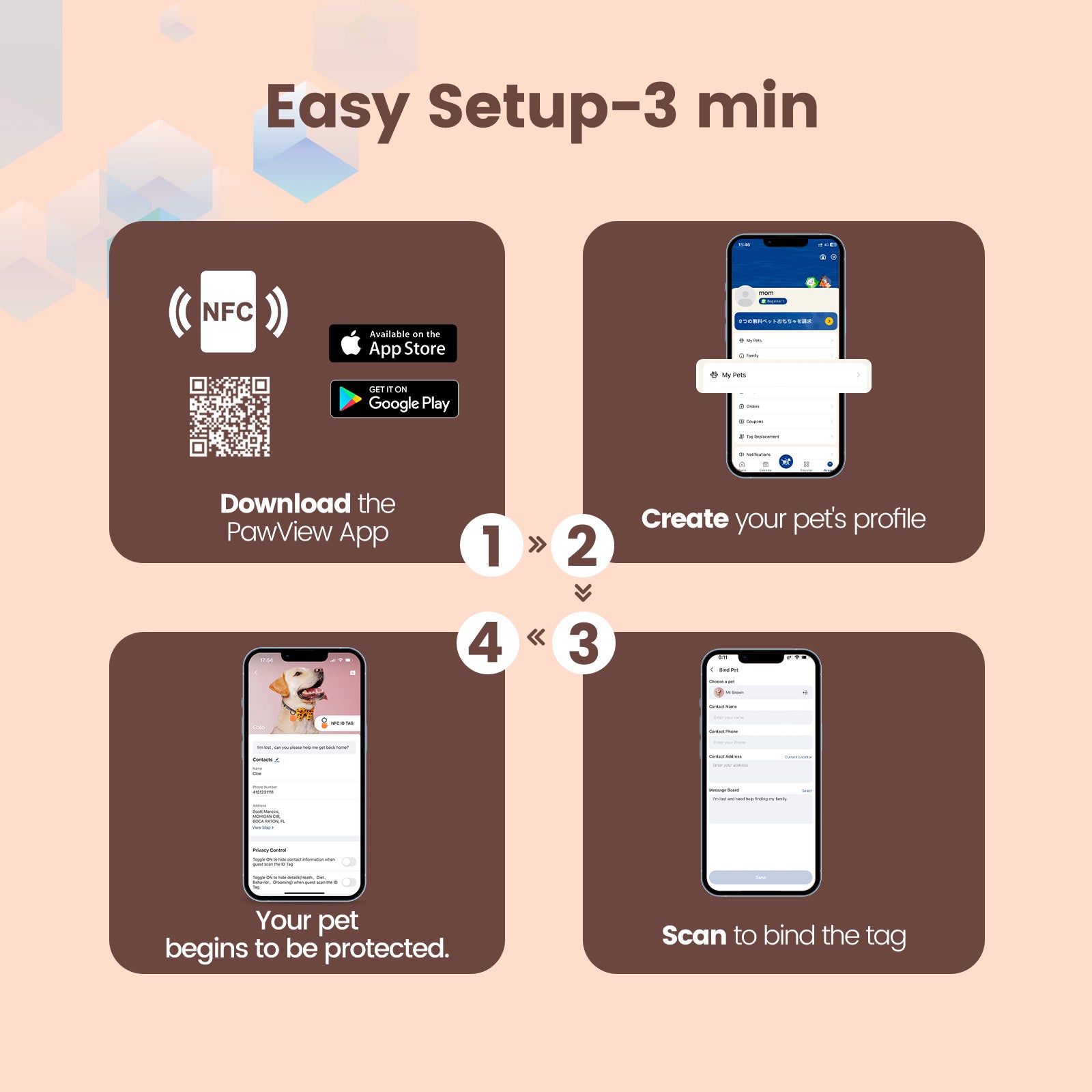 PawView Étiquette d'Identité pour Chien avec QR Code & NFC en Silicone Silencieux Personnalisable pour Animaux de Compagnie Scan QR pour Alertes de Localisation Instantanée et Profil Modifiable du Pet