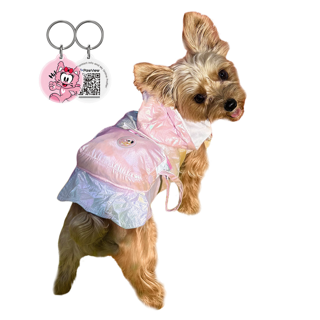 Pawview Imperméable iridescent réfléchissant pour chien, avec capuche réfléchissante, trou pour laisse, sac à dos intégré, design ajustable et pliable, adapté aux chiens de petite à grande taille