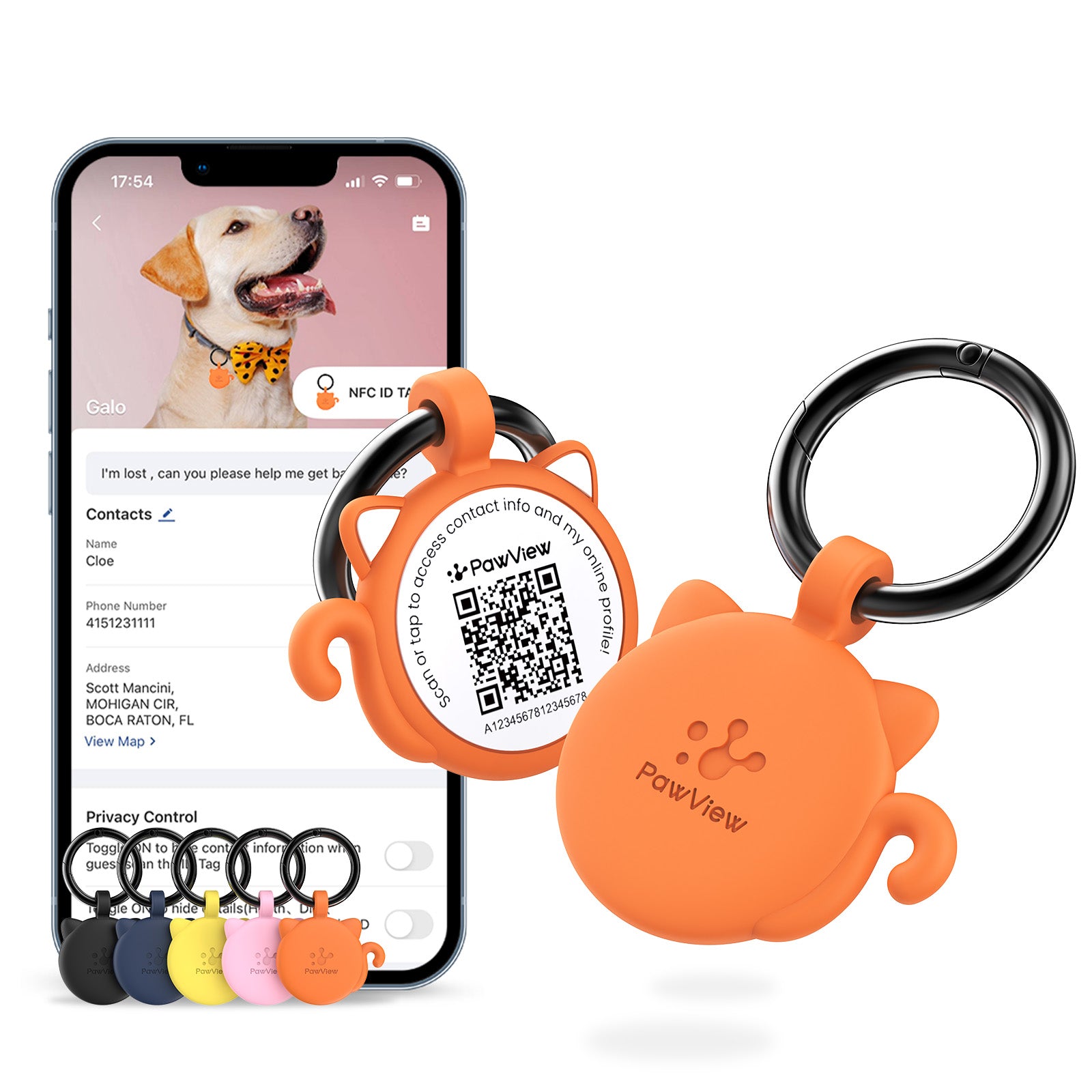 PawView Étiquette d'Identité pour Chien avec QR Code & NFC en Silicone Silencieux Personnalisable pour Animaux de Compagnie Scan QR pour Alertes de Localisation Instantanée et Profil Modifiable du Pet
