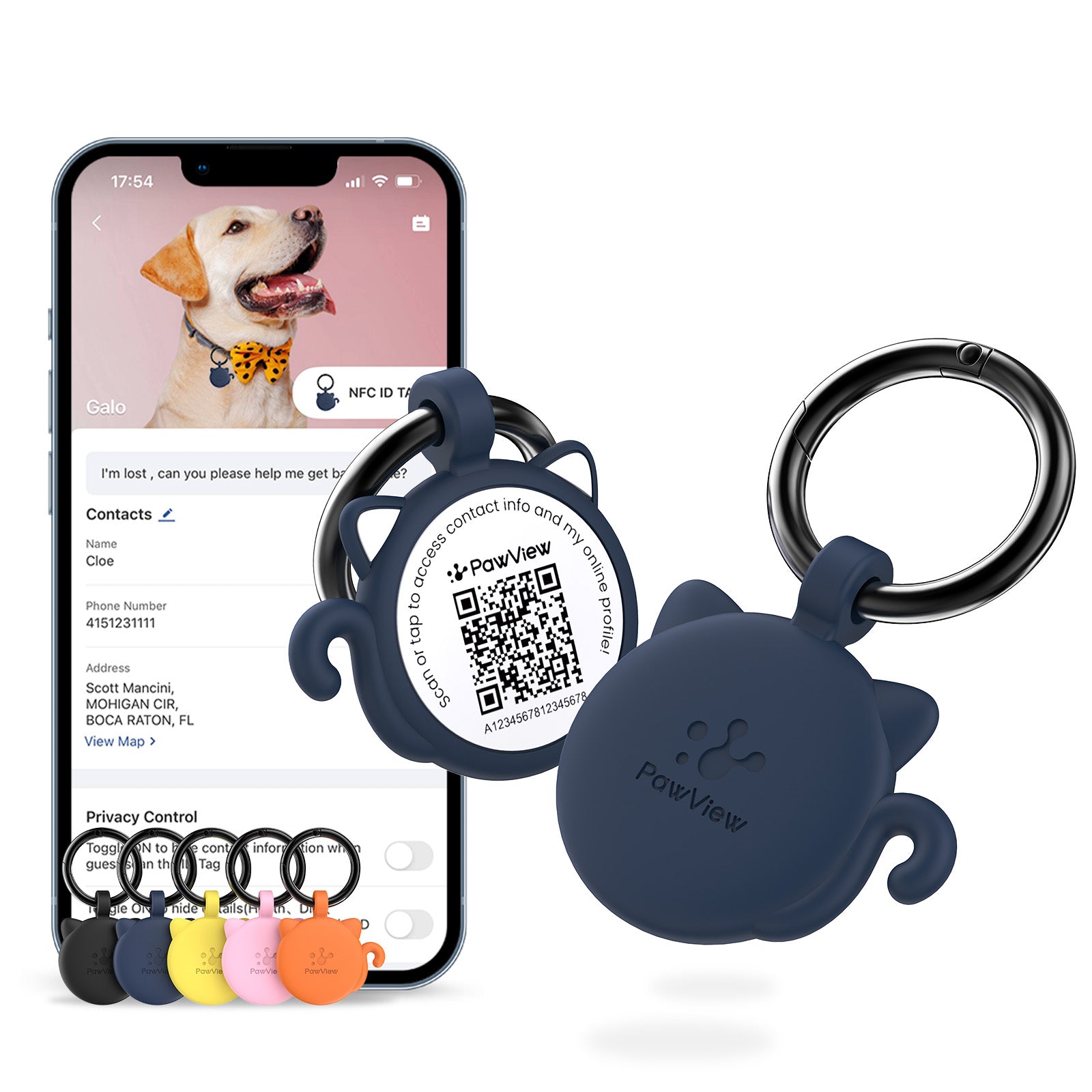 PawView Étiquette d'Identité pour Chien avec QR Code & NFC en Silicone Silencieux Personnalisable pour Animaux de Compagnie Scan QR pour Alertes de Localisation Instantanée et Profil Modifiable du Pet