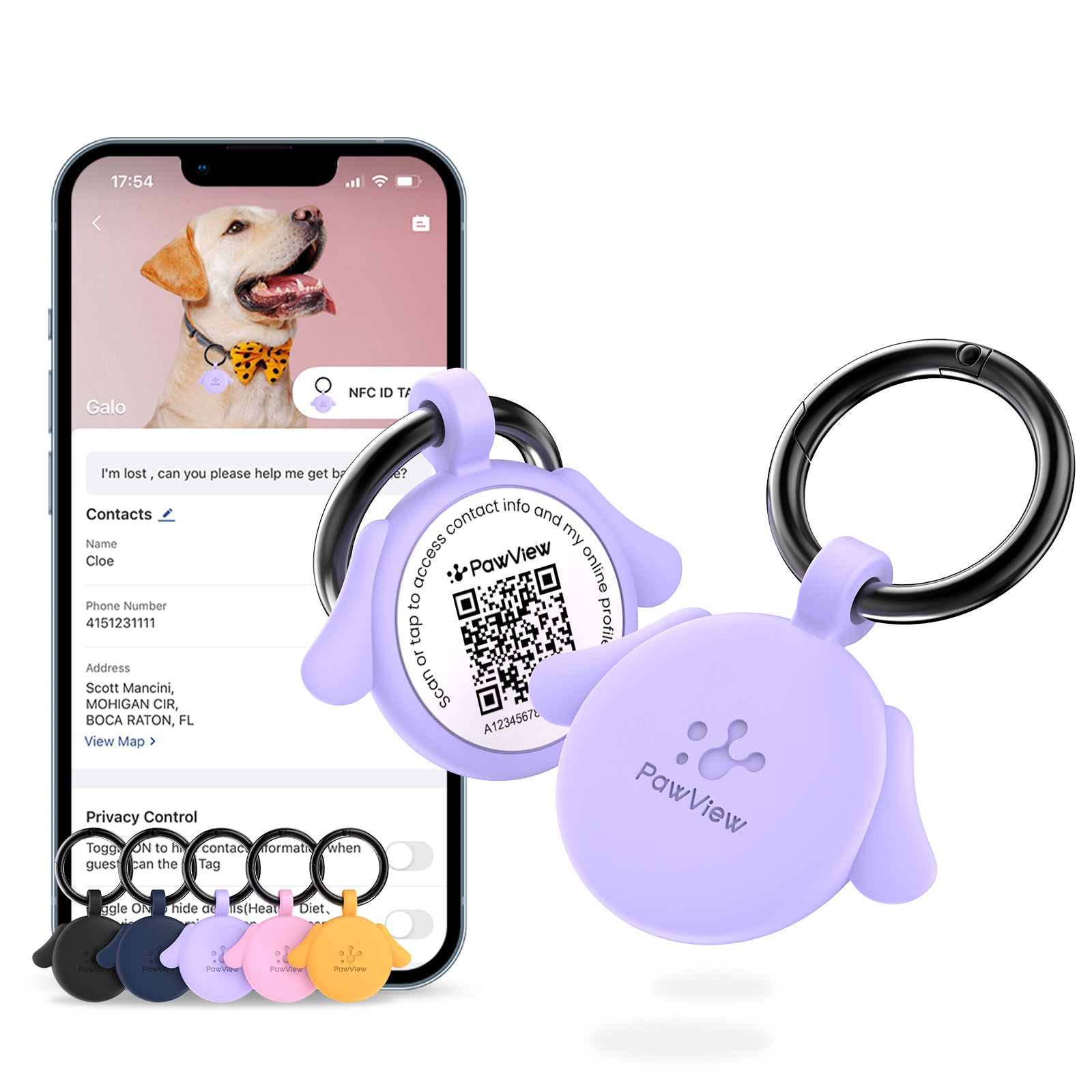 PawView TN006 Dog Shaped Anti-Lost NFC &amp; QR Code Pet ID Tag, Smart Silent Silicone Pet Tag for Dogs and Cats