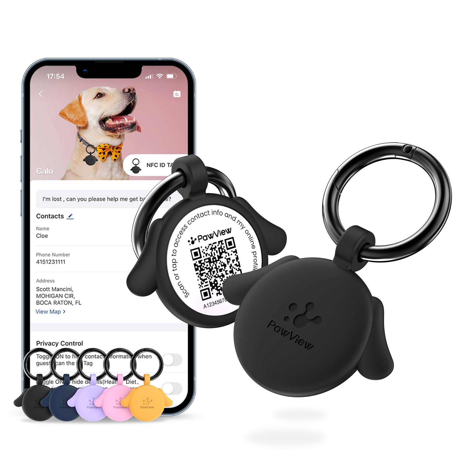 PawView TN006 Dog Shaped Anti-Lost NFC &amp; QR Code Pet ID Tag, Smart Silent Silicone Pet Tag for Dogs and Cats