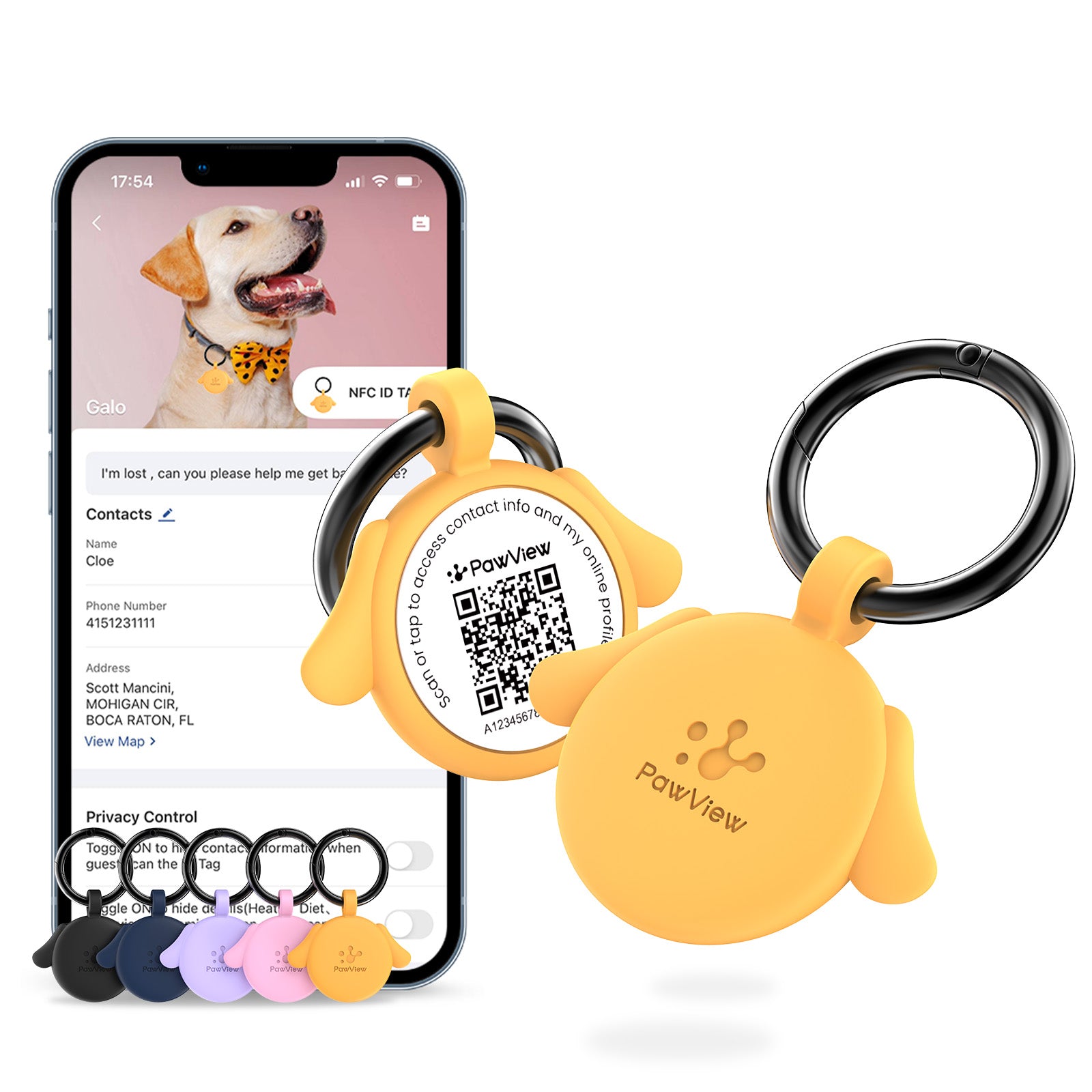 PawView TN006 Chien en forme anti-perte NFC & QR Code animal ID Tag, Smart Silent Silicone animal Tag pour chien et chat