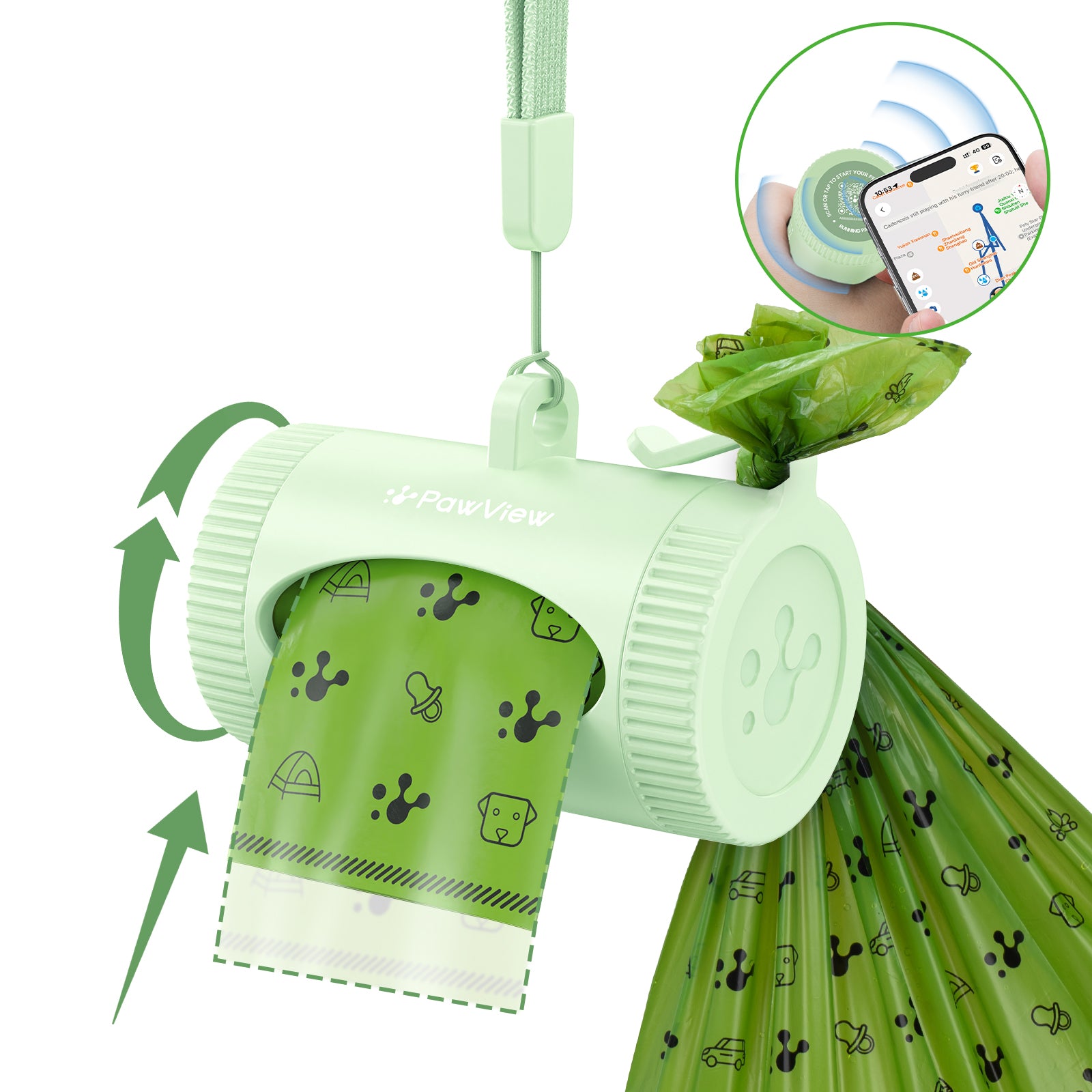 Sac à crottes pour laissez-passer, distributeur rétractable avec accroche pour sac poubelle, distributeur léger pour sac à crottes avec suivi de la santé intelligent, remplissage rapide, inclut 15 sacs étanches