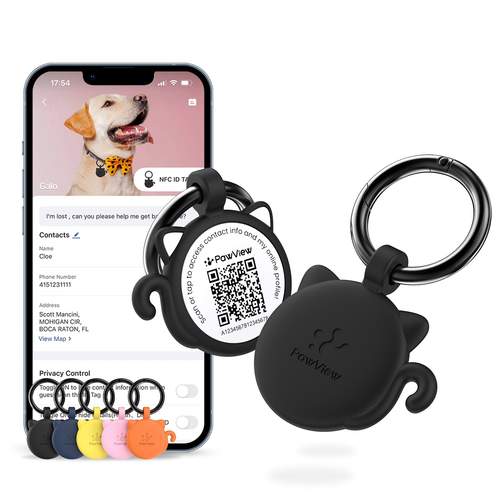 PawView Étiquette d'Identité pour Chien avec QR Code & NFC en Silicone Silencieux Personnalisable pour Animaux de Compagnie Scan QR pour Alertes de Localisation Instantanée et Profil Modifiable du Pet
