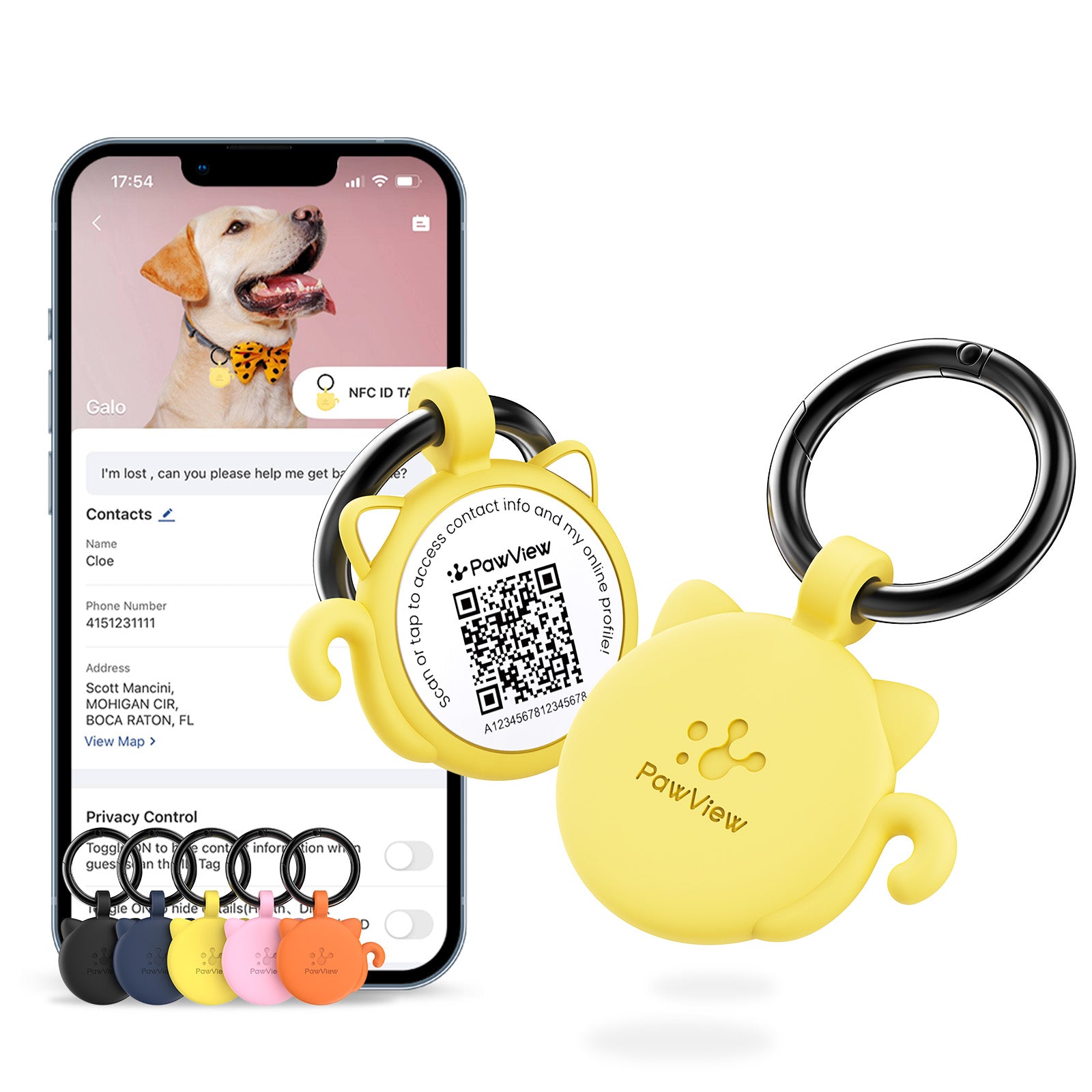 PawView Étiquette d'Identité pour Chien avec QR Code & NFC en Silicone Silencieux Personnalisable pour Animaux de Compagnie Scan QR pour Alertes de Localisation Instantanée et Profil Modifiable du Pet