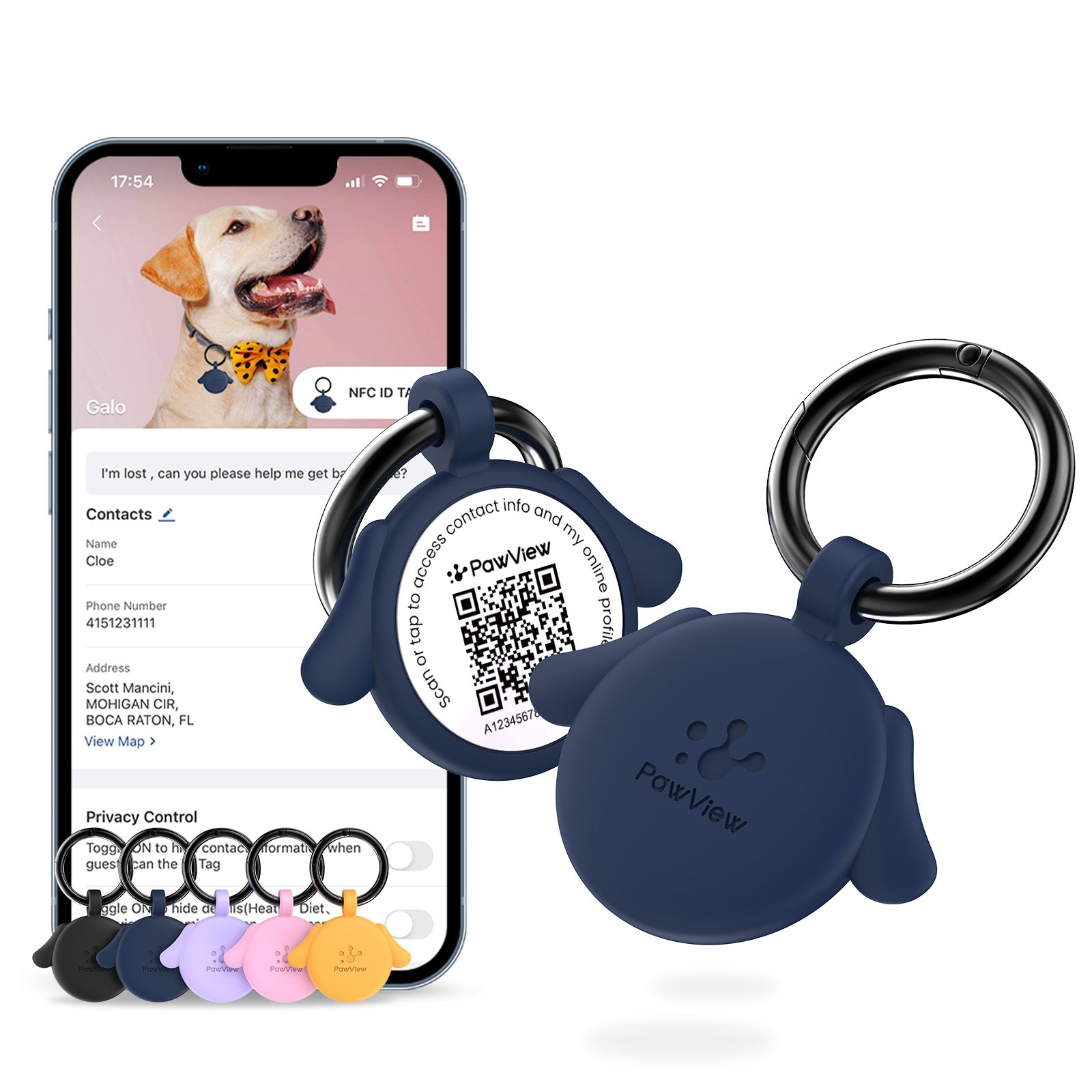 PawView TN006 Dog Shaped Anti-Lost NFC &amp; QR Code Pet ID Tag, Smart Silent Silicone Pet Tag for Dogs and Cats