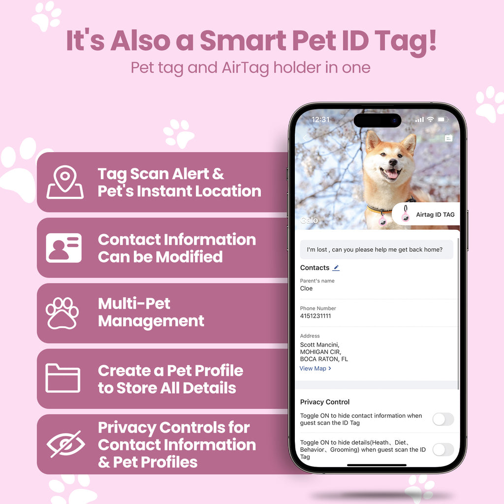 PawView TN002 Smart AirTag Holder, QR Code collier support pour chats et chiens