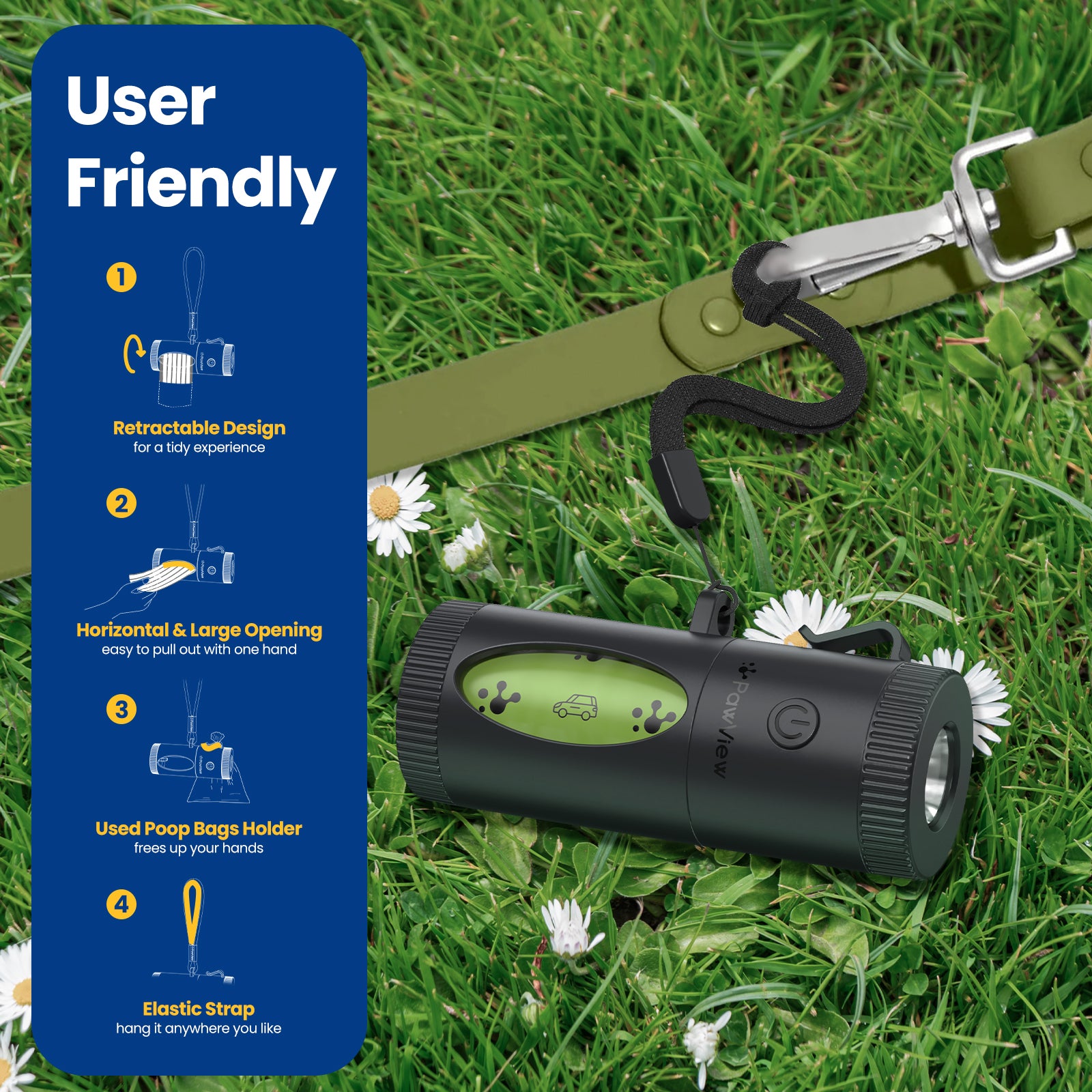 PawView Smart Poop Bag Dispenser, with retractable function, built-in flashlight, smart running paw