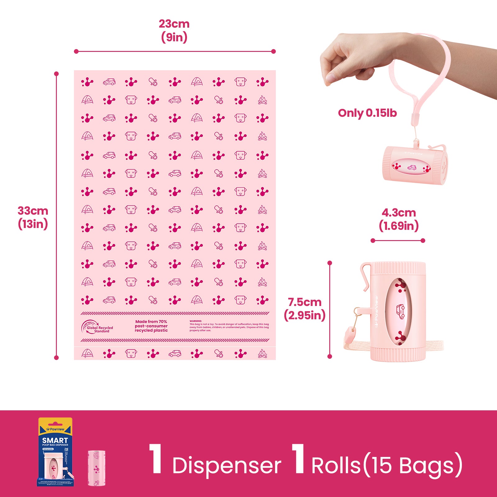 Sac à crottes pour laissez-passer, distributeur rétractable avec accroche pour sac poubelle, distributeur léger pour sac à crottes avec suivi de la santé intelligent, remplissage rapide, inclut 15 sacs étanches