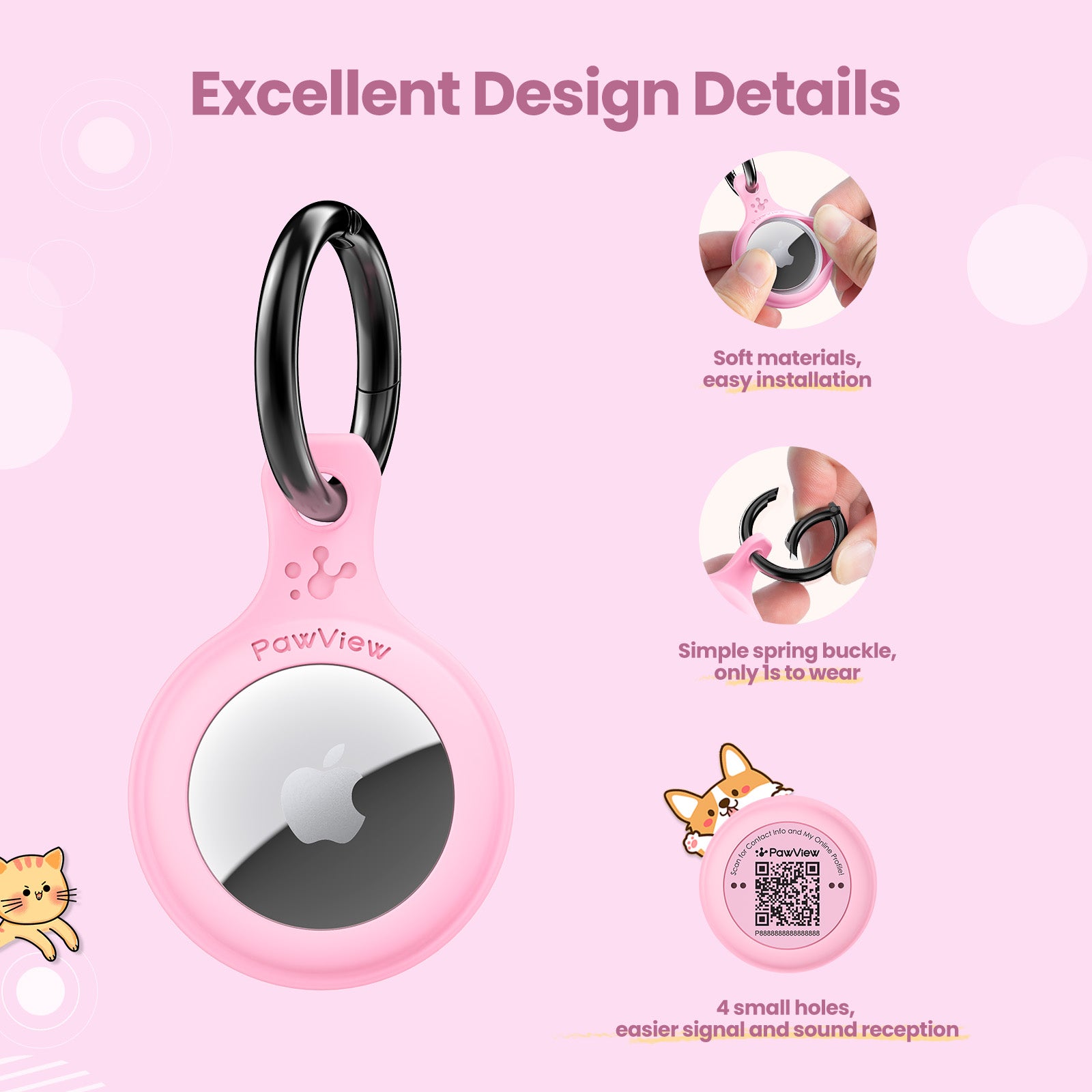 PawView TN002 Smart AirTag Holder, QR Code collier support pour chats et chiens