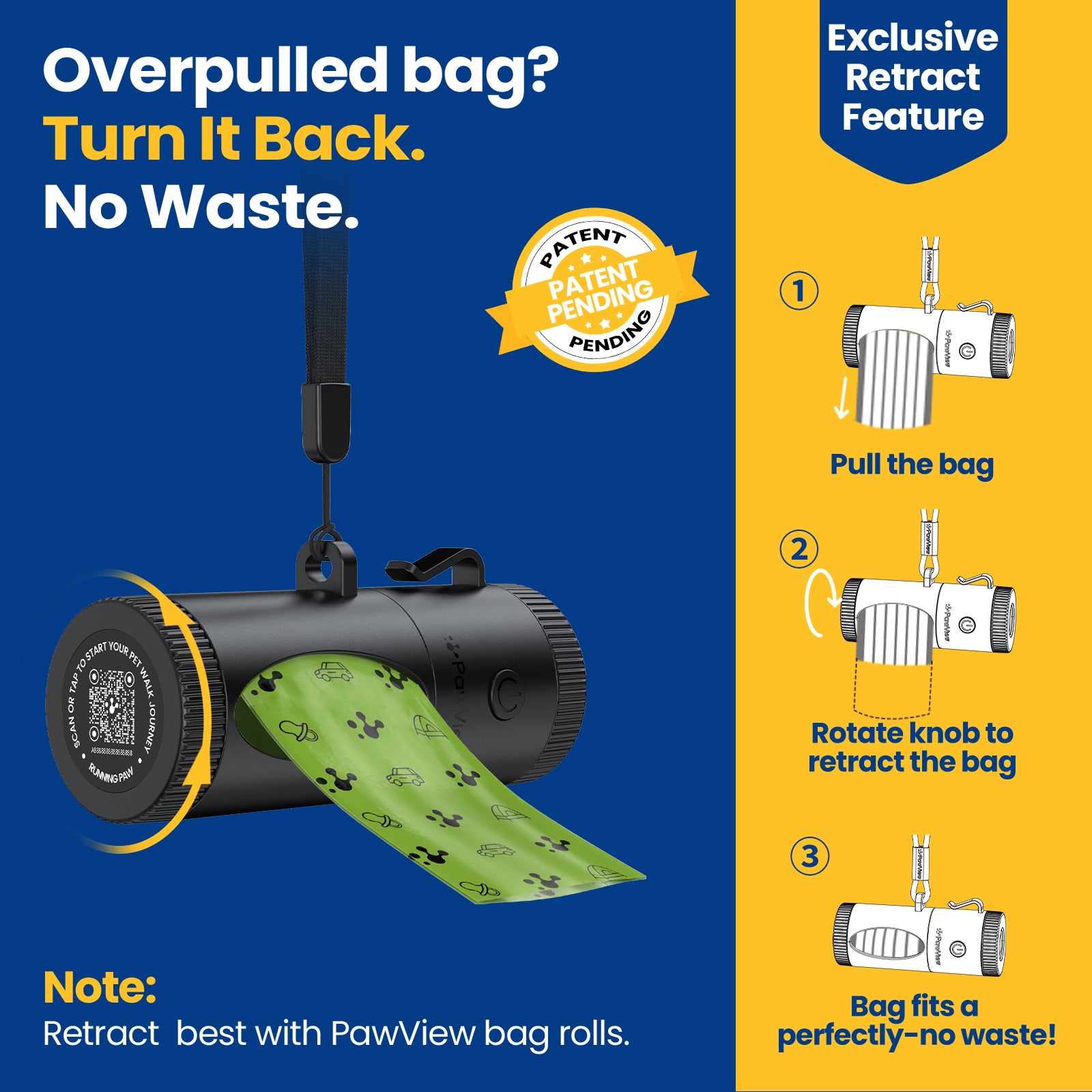 PawView Smart Poop Bag Dispenser, with retractable function, built-in flashlight, smart running paw