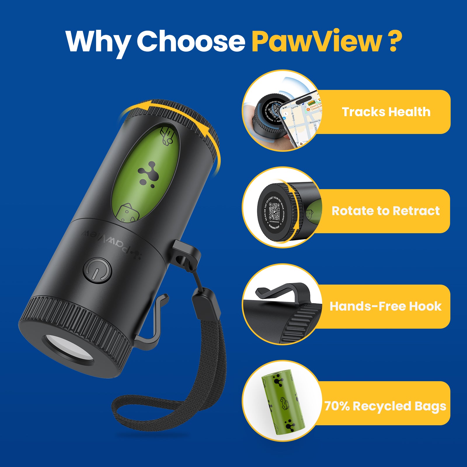 PawView Smart Poop Bag Dispenser, with retractable function, built-in flashlight, smart running paw