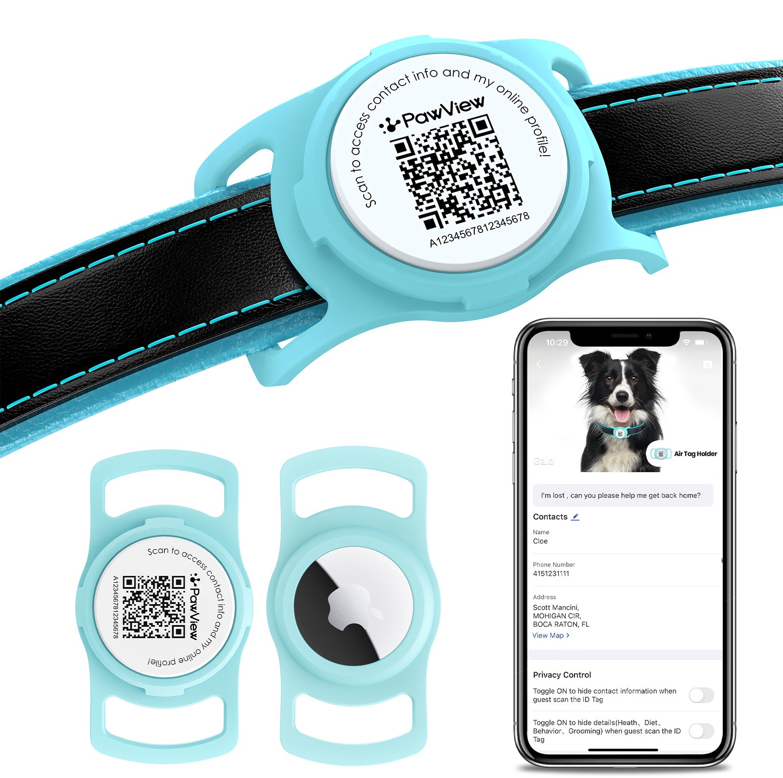 PawView TN005 Smart AirTag Holder, QR Code Collar Holder for Cats and Dogs