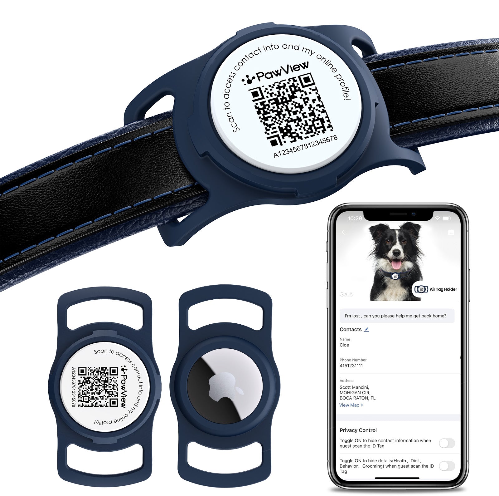 PawView TN005 Smart AirTag Holder, QR Code Collar Holder for Cats and Dogs
