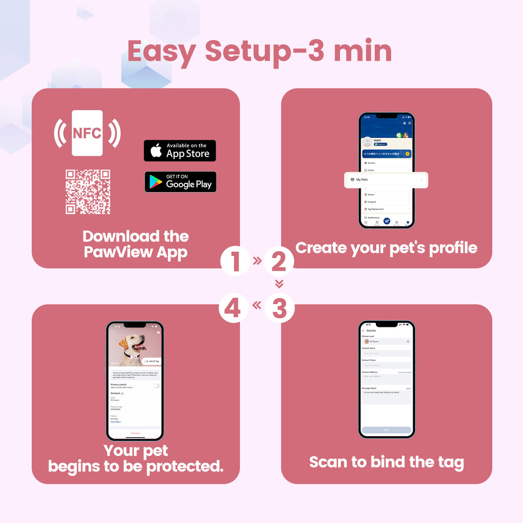 PawView TN003 Anti-perte NFC & QR Code animal ID Tag, Smart Silent Silicone animal Tag pour chien et chat