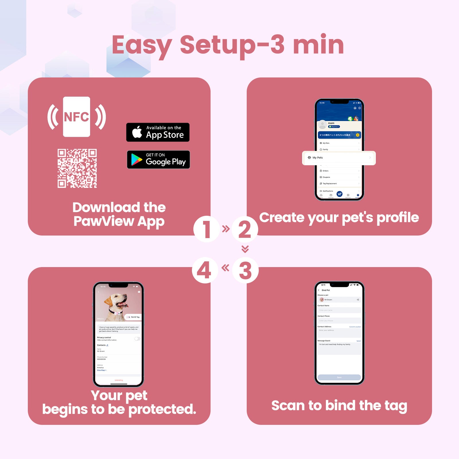 PawView TN003 Anti-perte NFC & QR Code animal ID Tag, Smart Silent Silicone animal Tag pour chien et chat