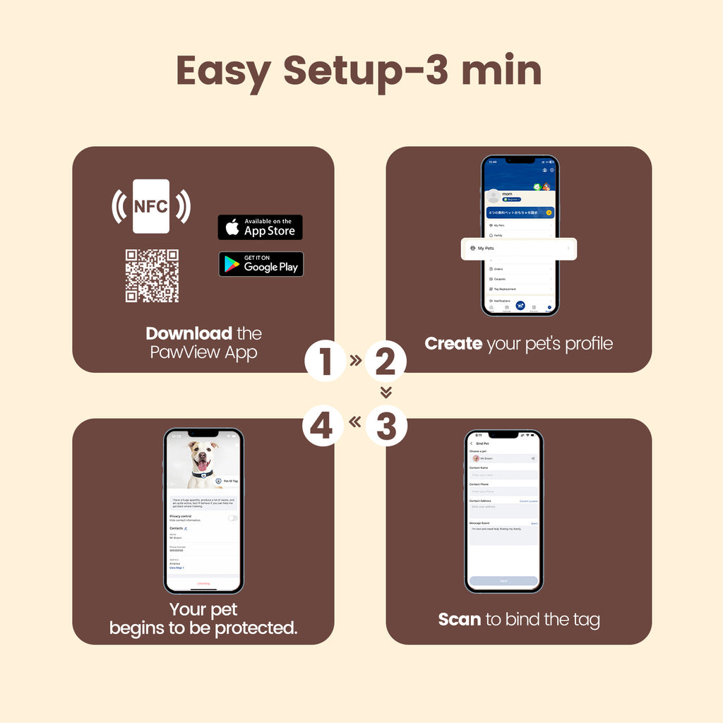 PawView TN004 Anti-perte NFC & QR Code animal ID Tag, Smart Silent Silicone animal Tag pour chien et chat