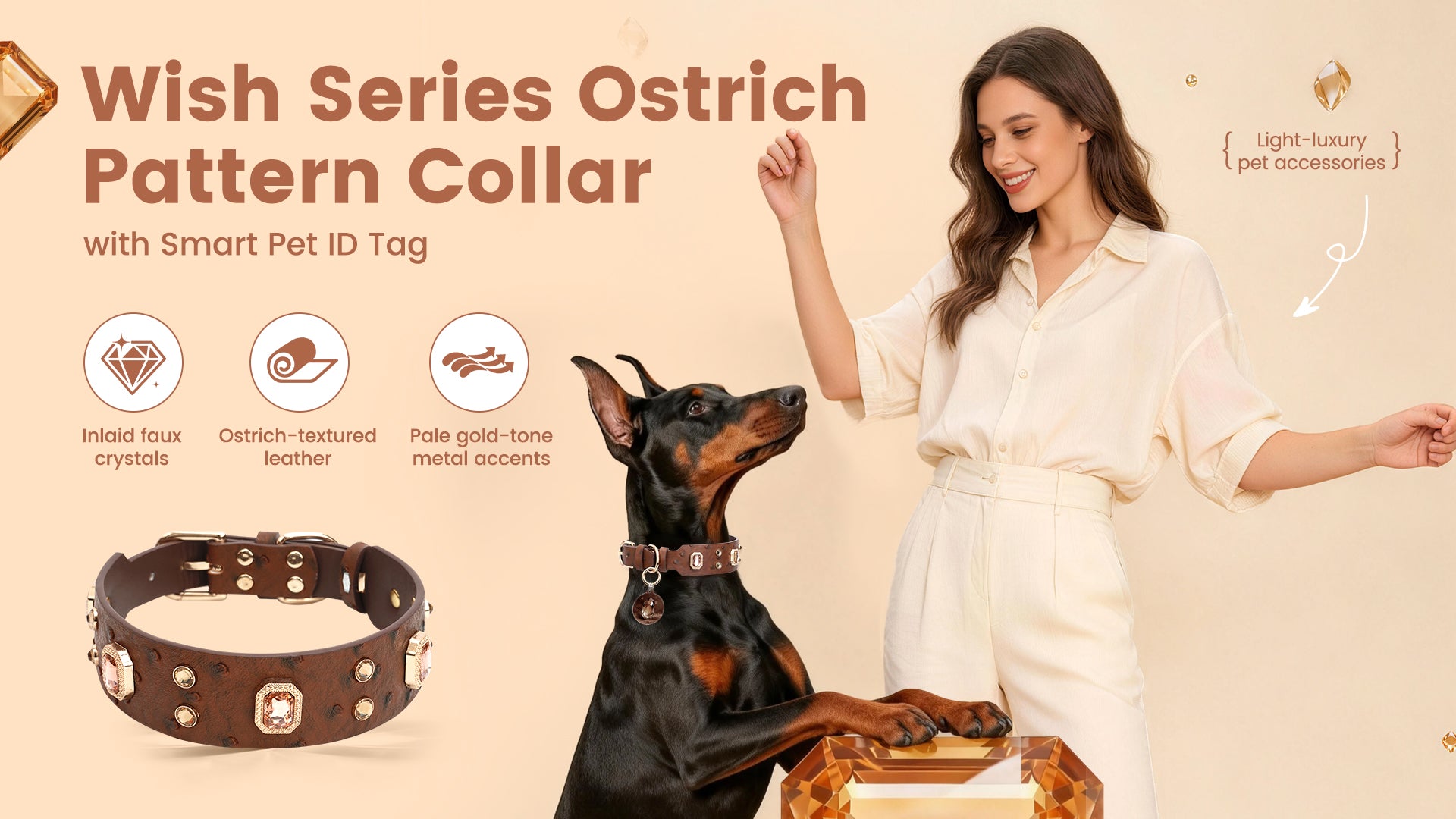 Collier PawView série Wish motif autruche avec médaille QR d’identification pour animaux